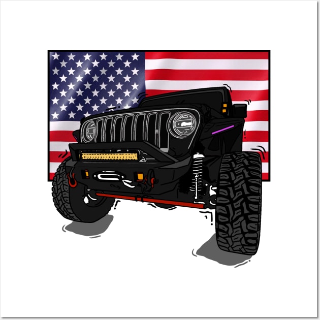 Jeep with American Flag - Black Essential Wall Art by 4x4 Sketch